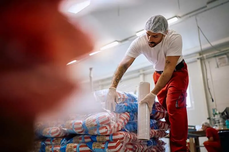 Mitarbeiter verpackt Waren in einer Lebensmittelfabrik
