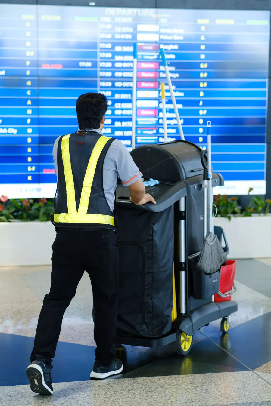 Reinigungskraft vor der Abfluganzeige im Terminal